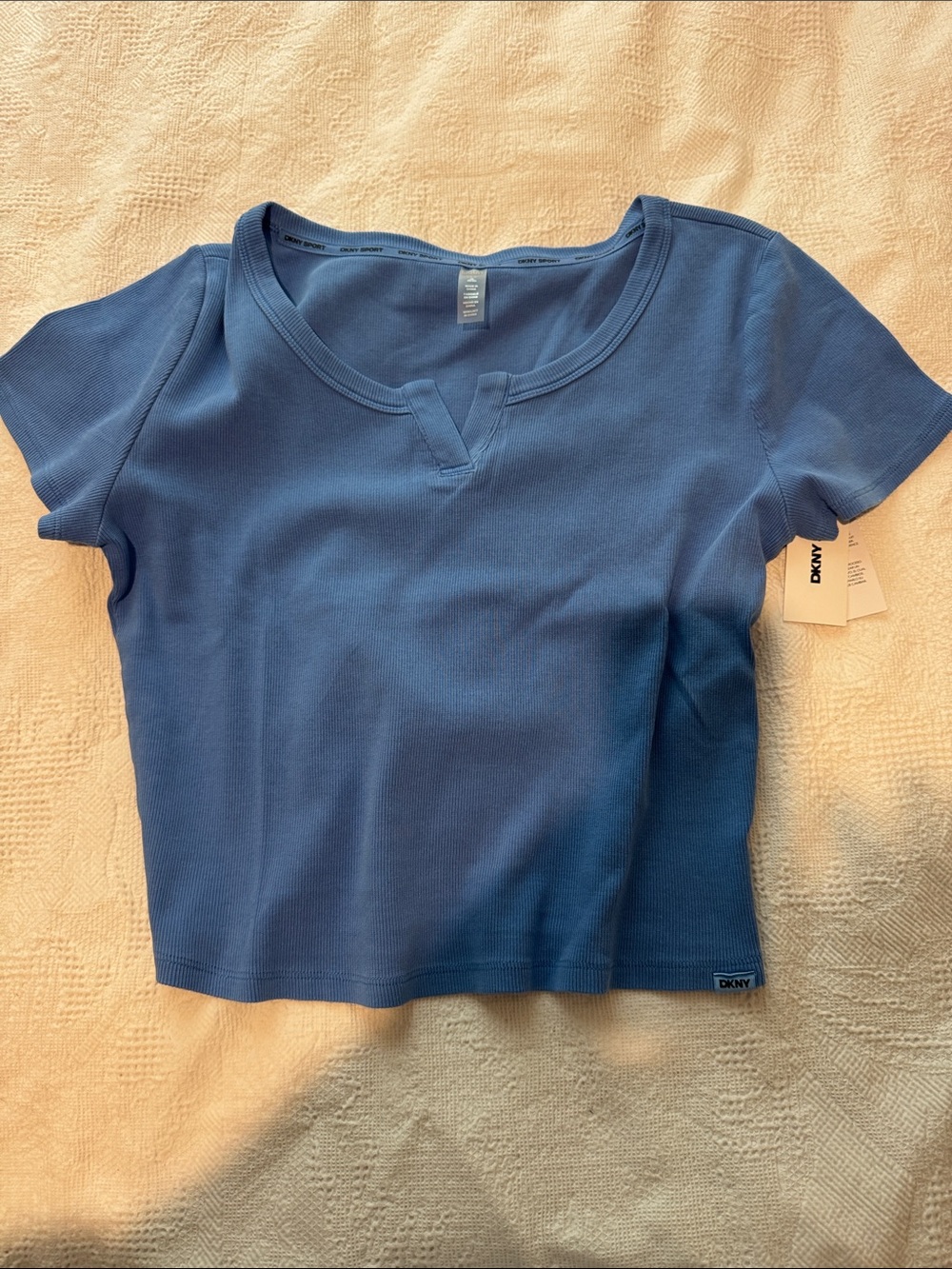 DKNY Blue Short Sleeve Cropped Scoop Neck Top